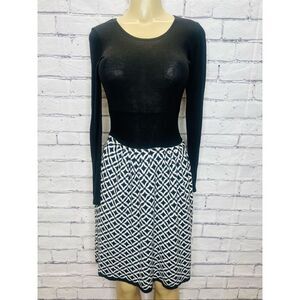 ECI New York Womens Black Gray Geometric Long Sleeve A-line Midi Dress Small